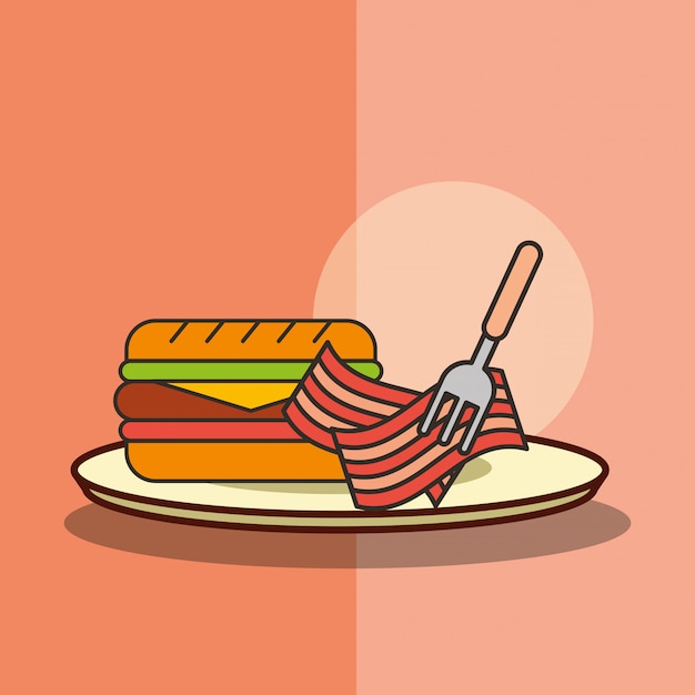 Hamburger e pancetta affumicata del fast food con la forcella in piatto