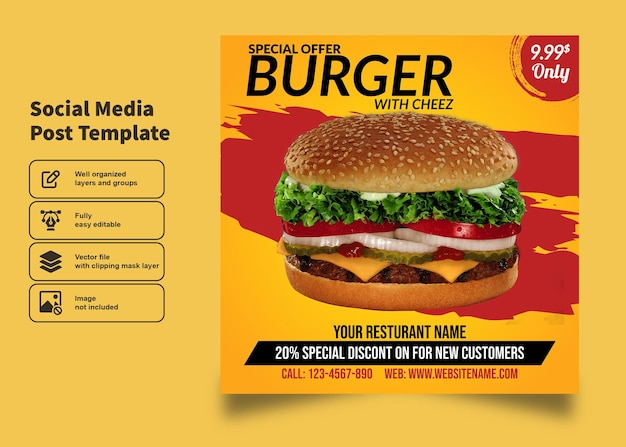 Vettore volantino e poster per fast food burger per modello di post sui social media