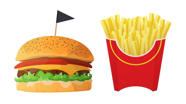 Vector fast food. burger and french fries isolated on a white background. burger with cheese, cutlet, tomato and herbs. french fries in a red box.   illustration.