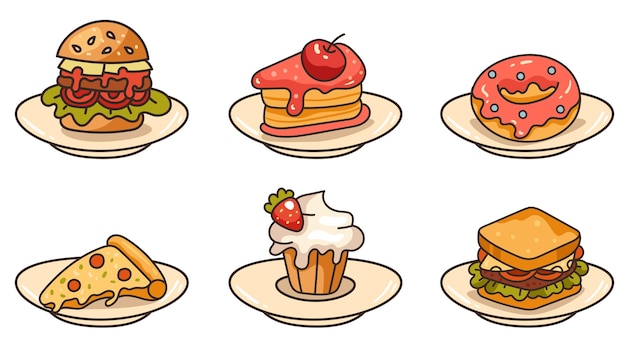 Fast food burger hamburger pizza hot dog snack on plate concept set line art outline style