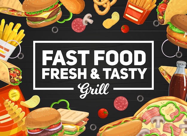 Fast food burger and hot dog pizza and soda drink