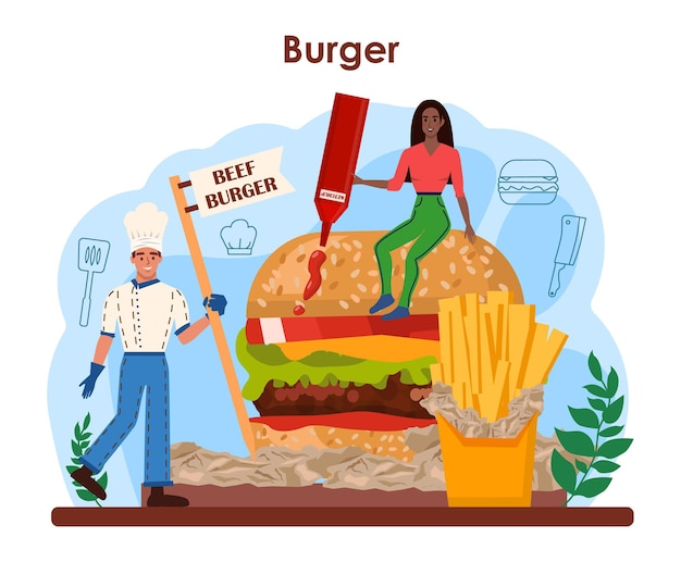 Vettore fast food, concetto di hamburger house. lo chef cucina un gustoso hamburger con formaggio, pomodoro e manzo alla griglia e panino. ristorante fast food, snack da strada americano. illustrazione vettoriale piatto isolato