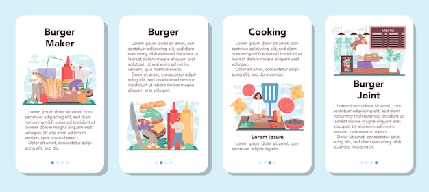 벡터 패스트 푸드 버거 하우스 모바일 애플리케이션 배너 세트 요리사