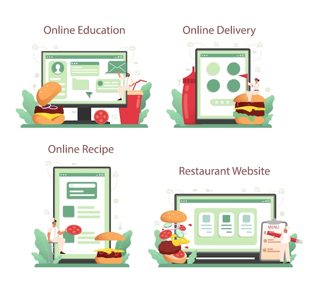ファーストフード、ハンバーガーハウスのオンラインサービスまたはプラットフォームセット。