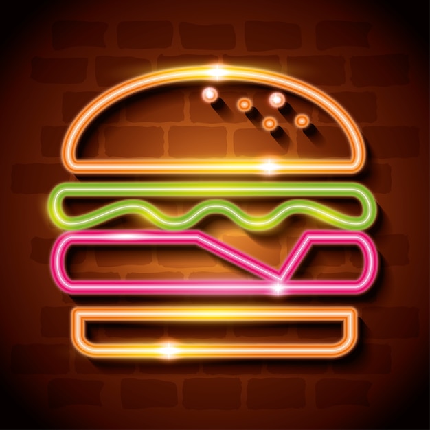 Vettore etichetta al neon hamburger fast food