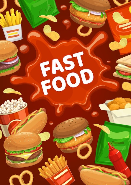 Vector fast food burger and snacks with ketchup spot