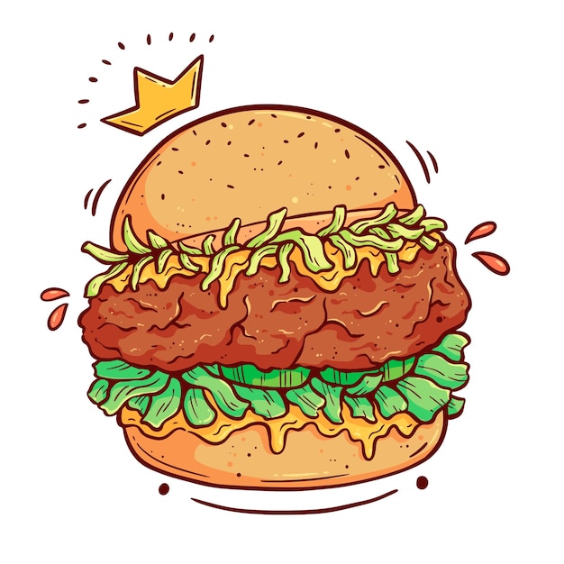 王冠と大きな肉のファストフードバーガー。色付きの手描きスタイルのおいしいアメリカンバーガー