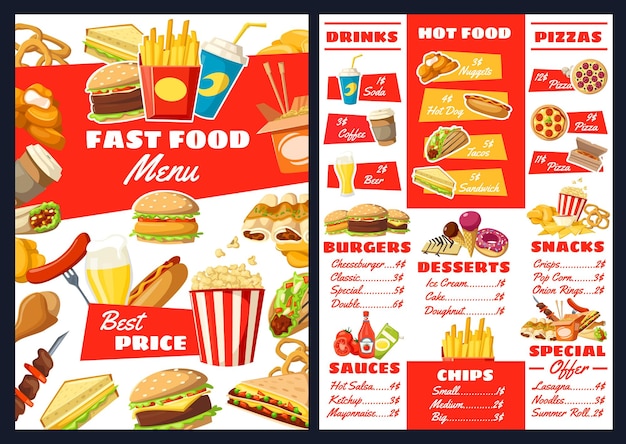 Vector fast food burgers snacks and desserts menu