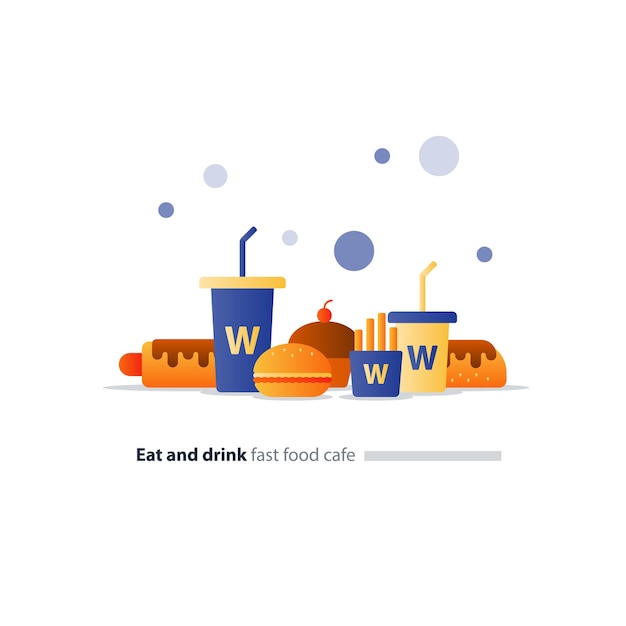 Fast food cafe items set, hot-dog and burger icons, large and small drinks, eat and drink