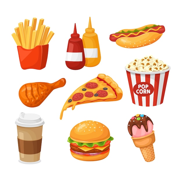 Fast food fumetto patatine fritte ketchup hot dog pollo pizza caffè hamburger popcorn gelato