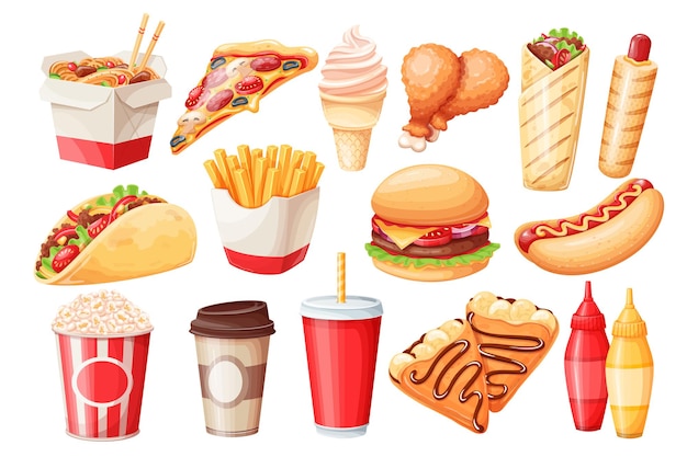 Fast food cartoon icon set. crepes, hamburger, wok noodles, hot dog, shawarma, pizza and others.