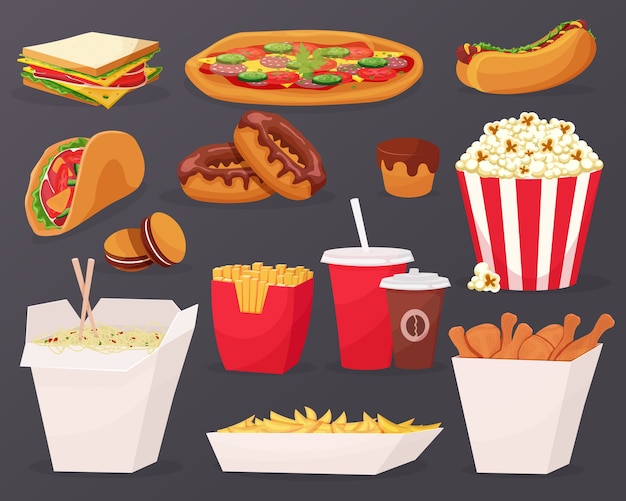 Fast food cartoon icons on black background