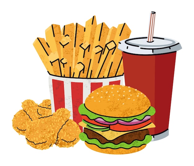 Fast food cartoon icons set simple flat style street high calorie food illustration