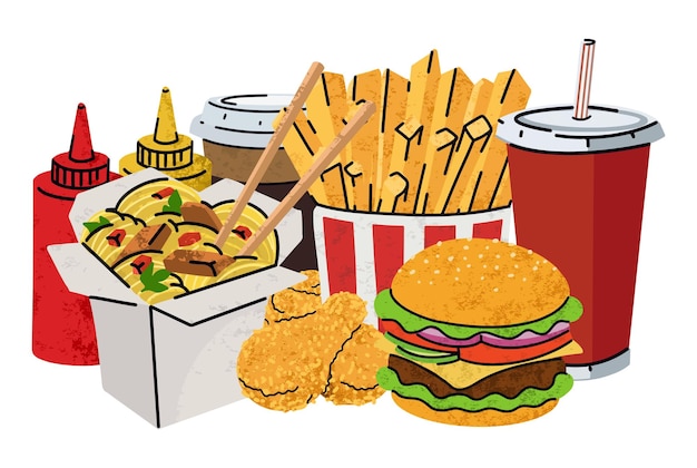 Иконы мультфильмов быстрого питания установлены в простом плоском стиле уличная иллюстрация высококалорийной еды