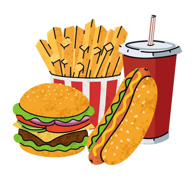 Fast food cartoon icons set simple flat style street high calorie food illustration