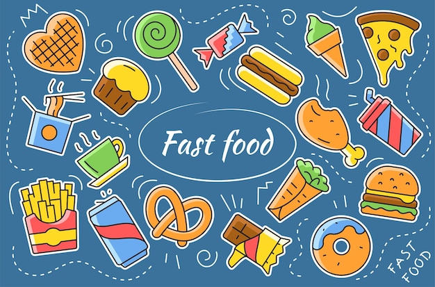 Fast food cartoon sticker collection. set of street food icons. flat vector illustration.