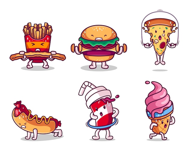 Fast food character doing exercise collection