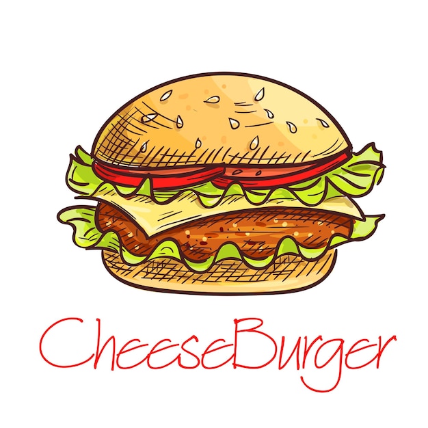 Fast food cheeseburger sketch for cafe menu design