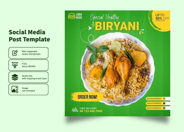 Vettore biryani di pollo fast food con volantino verde e poster per modello di post sui social media