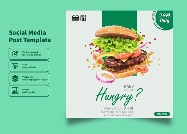 Vettore disegno di poster di fast food con hamburger di pollo per il modello di post sui social media