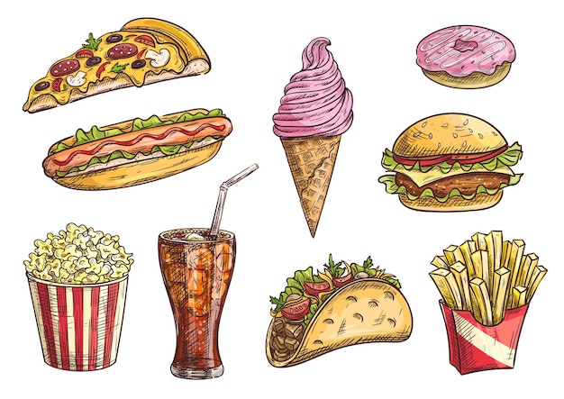 Set di clipart di fast food. snack schizzo isolato, bevanda, cheeseburger, tacos, hot dog, patatine fritte in scatola, fetta di pizza, cono gelato, ciambella, popcorn, bibita gassata in vetro