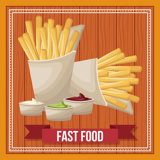 Fast food combo with ribbon banner over wooden background 