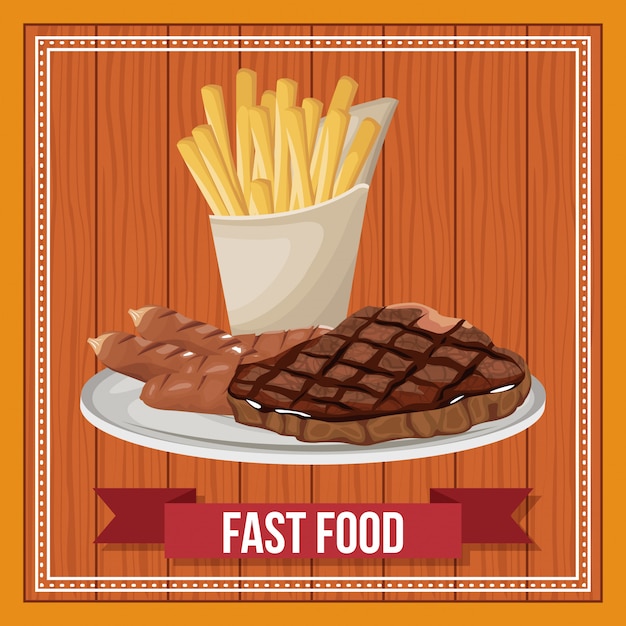 Fast food combo with ribbon banner over wooden background