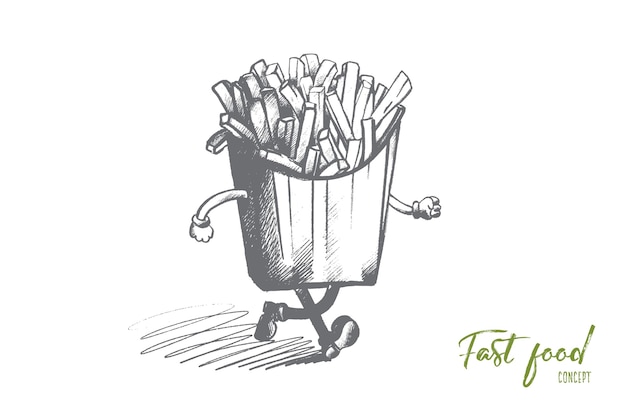 Vettore concetto di fast food. patatine fritte disegnate a mano in un involucro di carta con mani e gambe. illustrazione isolata patate fritte.