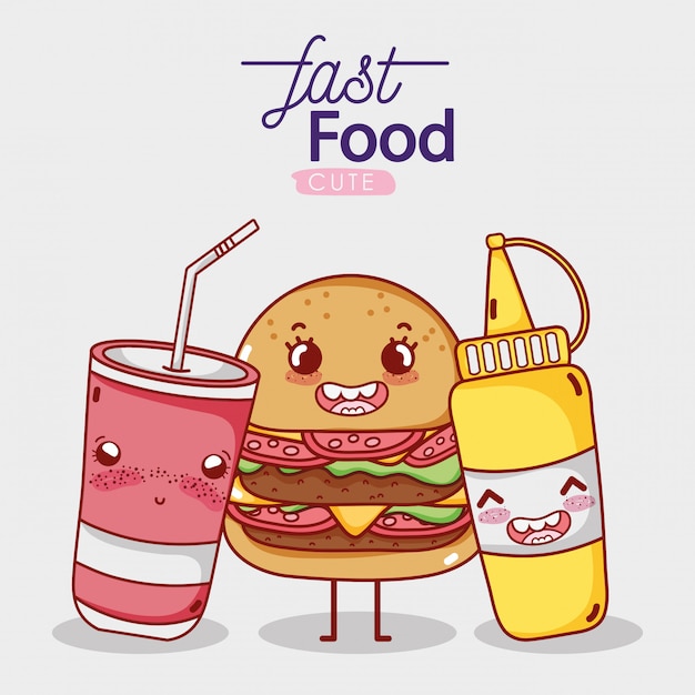 Fast food cute burger mustard and takeaway cup soda cartoon