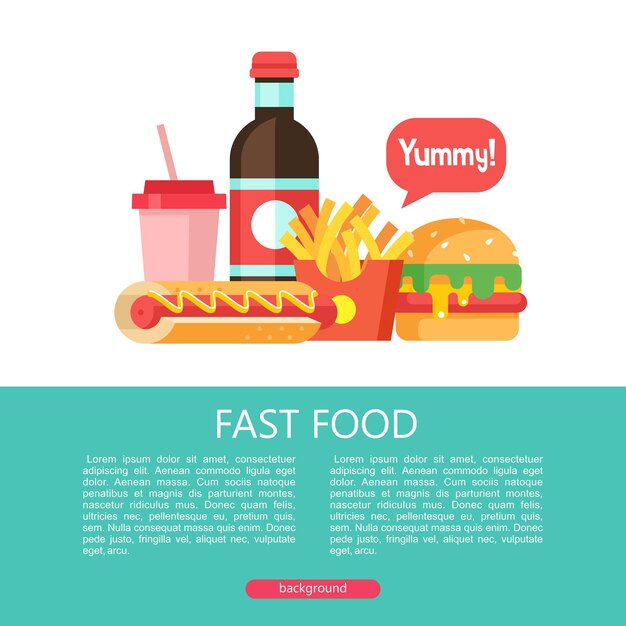 Fast food. cibo delizioso. illustrazione vettoriale in stile piatto. una serie di popolari piatti di fast food. hamburger, bibita, milkshake, patatine fritte, hot dog con senape.