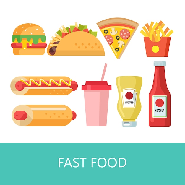 Fast food. cibo delizioso. illustrazione vettoriale in stile piatto. una serie di popolari piatti di fast food. hamburger, tacos, hot dog, milkshake, pizza, patatine fritte, senape e ketchup.