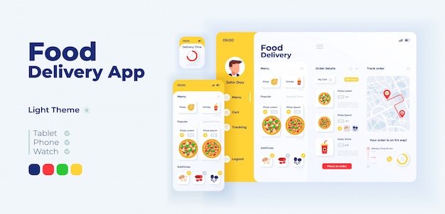 Modello di progettazione adattiva dello schermo dell'app per la consegna di fast food. interfaccia modalità luce dell'applicazione per l'ordinazione della pizza italiana con illustrazioni piatte. smartphone, tablet, interfaccia utente dei cartoni animati di smart watch