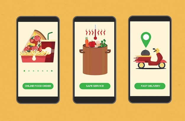 ベクトル ファーストフード配達ジャンクショッピングピザフライドポテトコーラオートバイ安全ホームサービス注文食べるランチおいしい