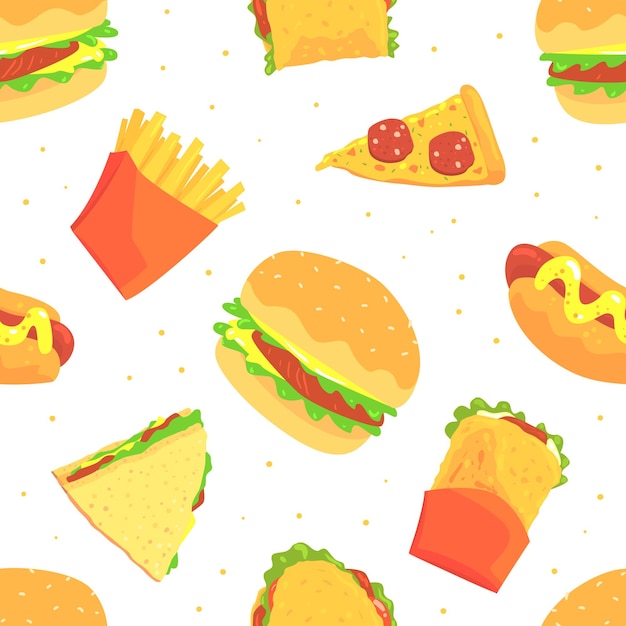 Fast Food Design with Appetizing Hamburger Sandwich and Pizza Slice Vector Seamless Pattern