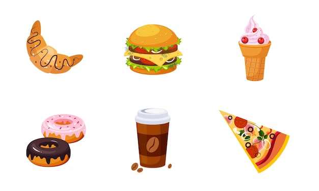 Vector fast food dishes drink and dessert set croissant ice cream burger donut coffee pizza vector illustration