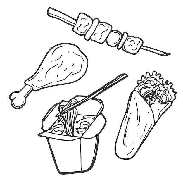 Vector fast food doodle icons hand made line art menu restaurant famous food logotype symbol design