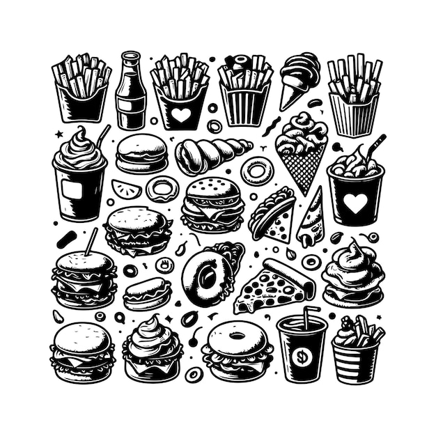 fast food doodle set isolated silhouette vector
