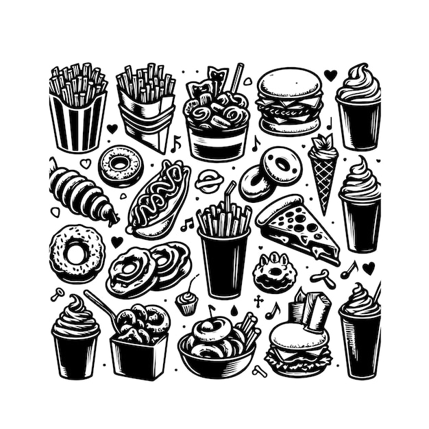 fast food doodle set isolated silhouette vector