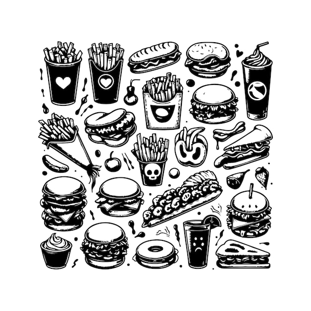 Fast food doodle set isolated silhouette vector