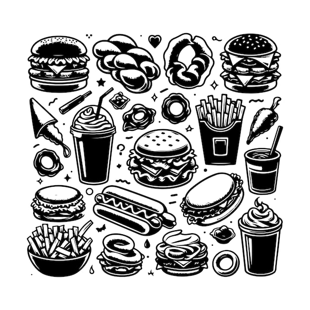 Vector fast food doodle set isolated silhouette vector