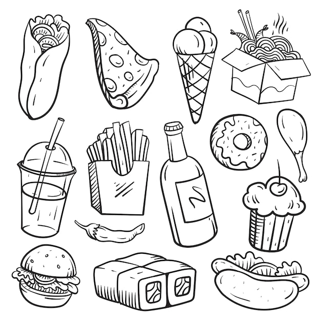 Set di doodle per fast food illustrazione vettoriale isolata su sfondo bianco