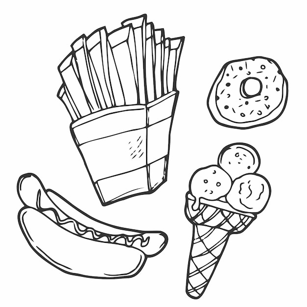 Vector fast food doodle set vector line sketch