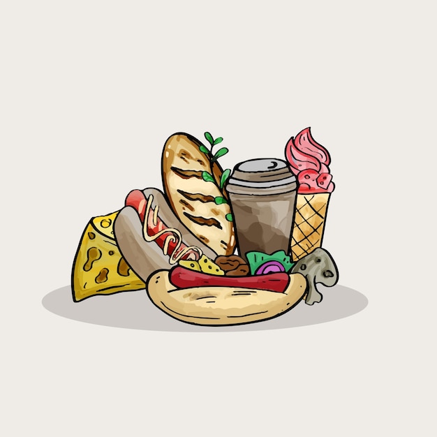 Фаст-фуд каракули в стиле акварельной живописи Вектор акварельных объектов нездоровой пищи