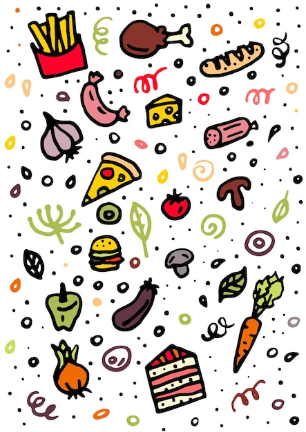 Fast food scarabocchi simboli vettoriali colorati disegnati a mano e oggetti