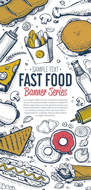 Vector fast food doodles vertical banner menu