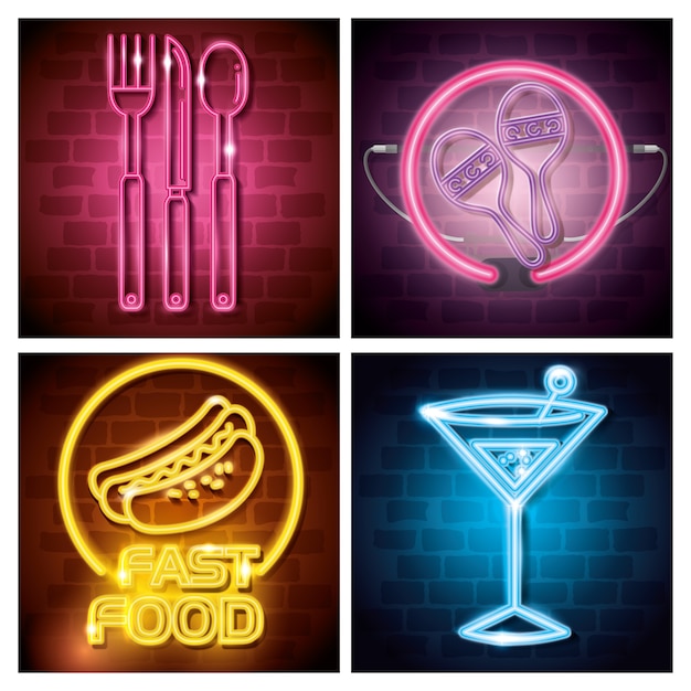 Fast food and drinks with neon lights icons