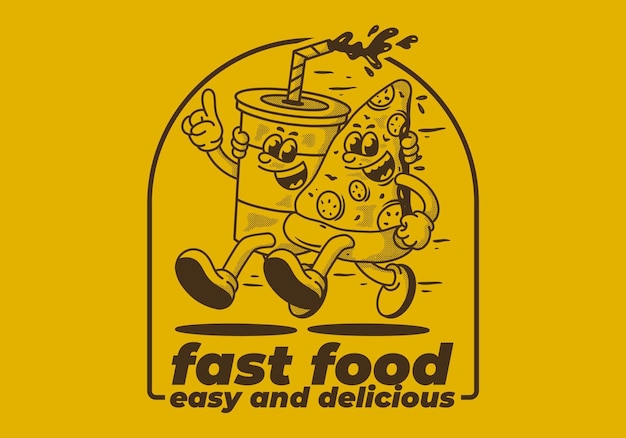 Vector fast food easy and delicious character illustration of running pizza and soft drink