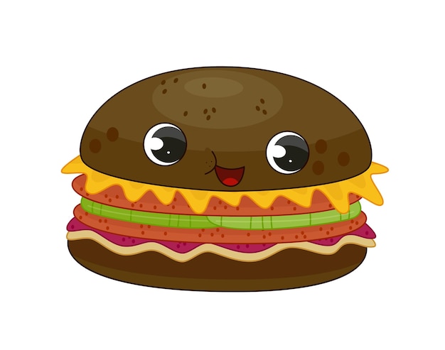 Vector fast food element sticker black hamburger and burger character menu for street cafe and catering poster or banner cartoon flat vector illustration isolated on white background