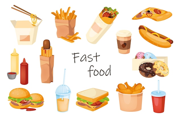 Insieme isolato di elementi di fast food. fascio di noodles, patatine fritte, burrito, hot dog, pizza, ciambelle, cosce di pollo, hamburger, sandwich, caffè, cola, soda e altro. illustrazione vettoriale nel design piatto del fumetto