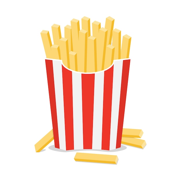 Fast food french fries in red and white striped packaging flat illustration